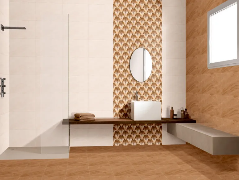 SBG Brown River Wave tiles in beige bathroom design with sink and shower area